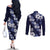 Hawaiian Hibiscus Tribal Floral Blue Couples Matching Off The Shoulder Long Sleeve Dress and Long Sleeve Button Shirt Polynesian Tapa Pattern - Polynesian Pride