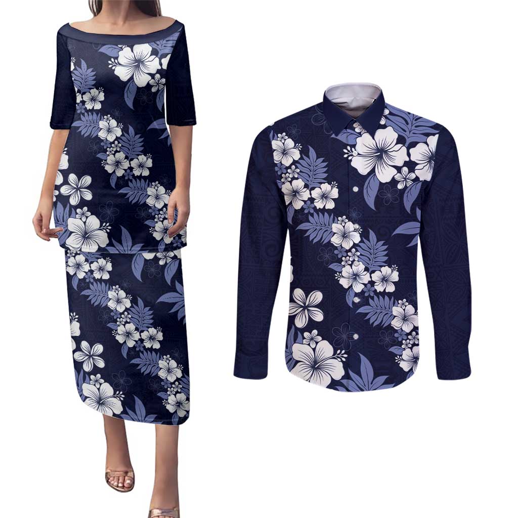Hawaiian Hibiscus Tribal Floral Blue Couples Matching Puletasi and Long Sleeve Button Shirt Polynesian Tapa Pattern LT01 Blue - Polynesian Pride
