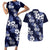 Hawaiian Hibiscus Tribal Floral Blue Couples Matching Short Sleeve Bodycon Dress and Hawaiian Shirt Polynesian Tapa Pattern - Polynesian Pride