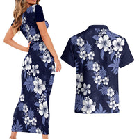 Hawaiian Hibiscus Tribal Floral Blue Couples Matching Short Sleeve Bodycon Dress and Hawaiian Shirt Polynesian Tapa Pattern - Polynesian Pride