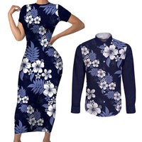Hawaiian Hibiscus Tribal Floral Blue Couples Matching Short Sleeve Bodycon Dress and Long Sleeve Button Shirt Polynesian Tapa Pattern - Polynesian Pride