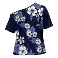 Hawaiian Hibiscus Tribal Floral Blue Cross Shoulder Shirt Polynesian Tapa Pattern - Polynesian Pride