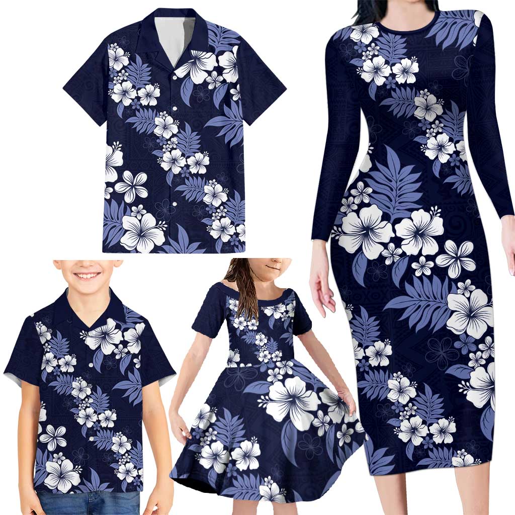 Hawaiian Hibiscus Tribal Floral Blue Family Matching Long Sleeve Bodycon Dress and Hawaiian Shirt Polynesian Tapa Pattern - Polynesian Pride