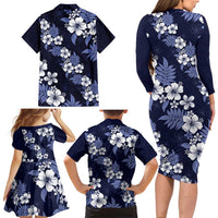 Hawaiian Hibiscus Tribal Floral Blue Family Matching Long Sleeve Bodycon Dress and Hawaiian Shirt Polynesian Tapa Pattern - Polynesian Pride