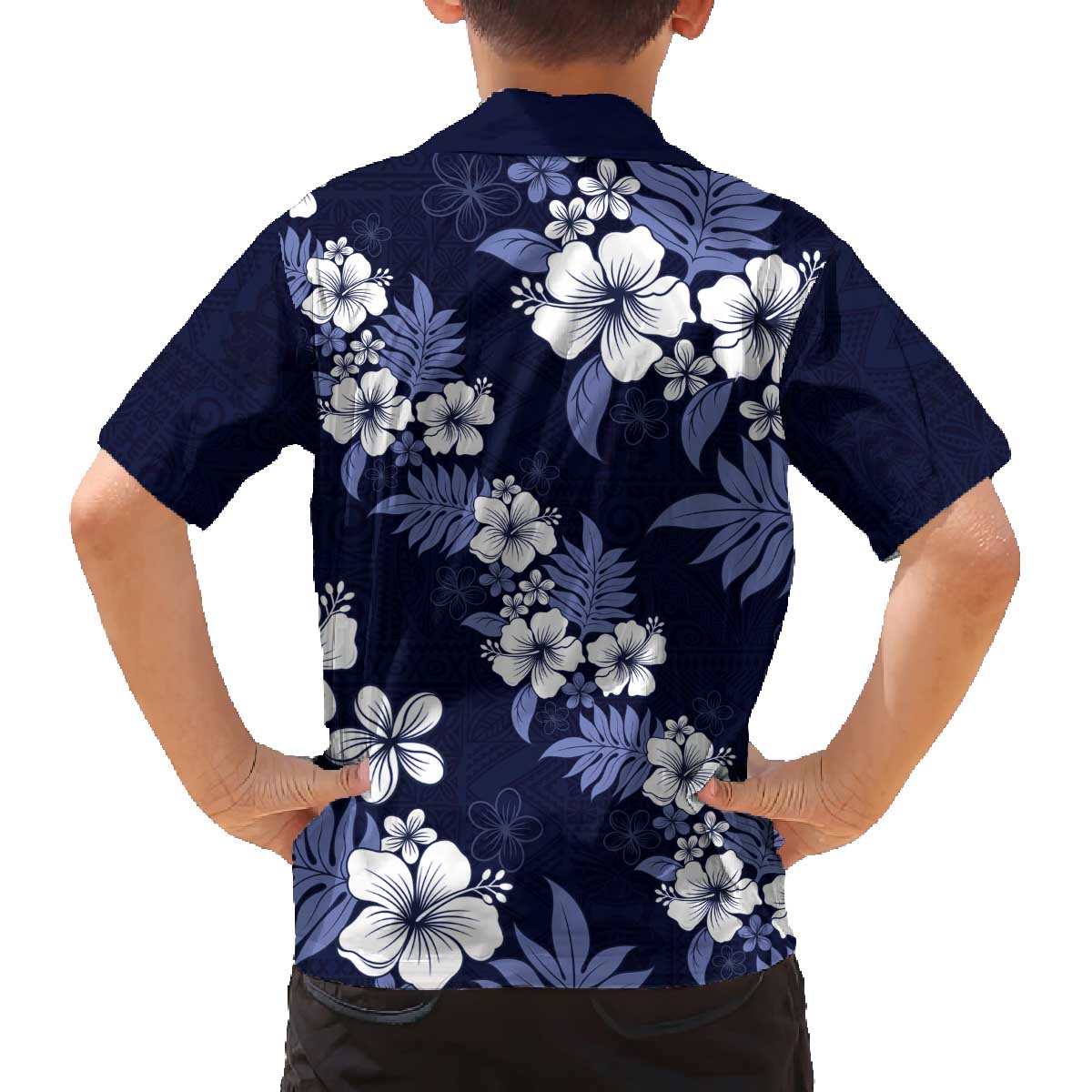 Hawaiian Hibiscus Tribal Floral Blue Family Matching Off The Shoulder Long Sleeve Dress and Hawaiian Shirt Polynesian Tapa Pattern - Polynesian Pride