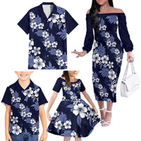 Hawaiian Hibiscus Tribal Floral Blue Family Matching Off The Shoulder Long Sleeve Dress and Hawaiian Shirt Polynesian Tapa Pattern - Polynesian Pride