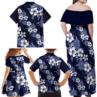 Hawaiian Hibiscus Tribal Floral Blue Family Matching Off Shoulder Maxi Dress and Hawaiian Shirt Polynesian Tapa Pattern - Polynesian Pride