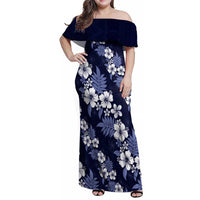 Hawaiian Hibiscus Tribal Floral Blue Family Matching Off Shoulder Maxi Dress and Hawaiian Shirt Polynesian Tapa Pattern - Polynesian Pride