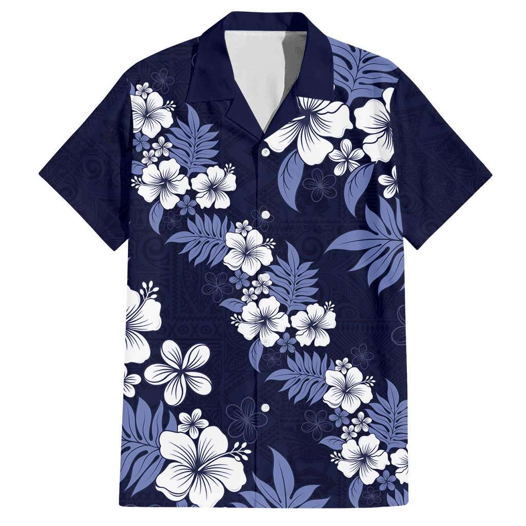 Hawaiian Hibiscus Tribal Floral Blue Family Matching Off Shoulder Short Dress and Hawaiian Shirt Polynesian Tapa Pattern - Polynesian Pride