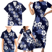 Hawaiian Hibiscus Tribal Floral Blue Family Matching Short Sleeve Bodycon Dress and Hawaiian Shirt Polynesian Tapa Pattern - Polynesian Pride