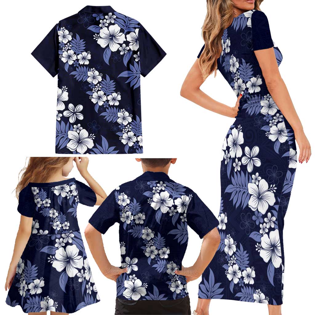 Hawaiian Hibiscus Tribal Floral Blue Family Matching Short Sleeve Bodycon Dress and Hawaiian Shirt Polynesian Tapa Pattern - Polynesian Pride