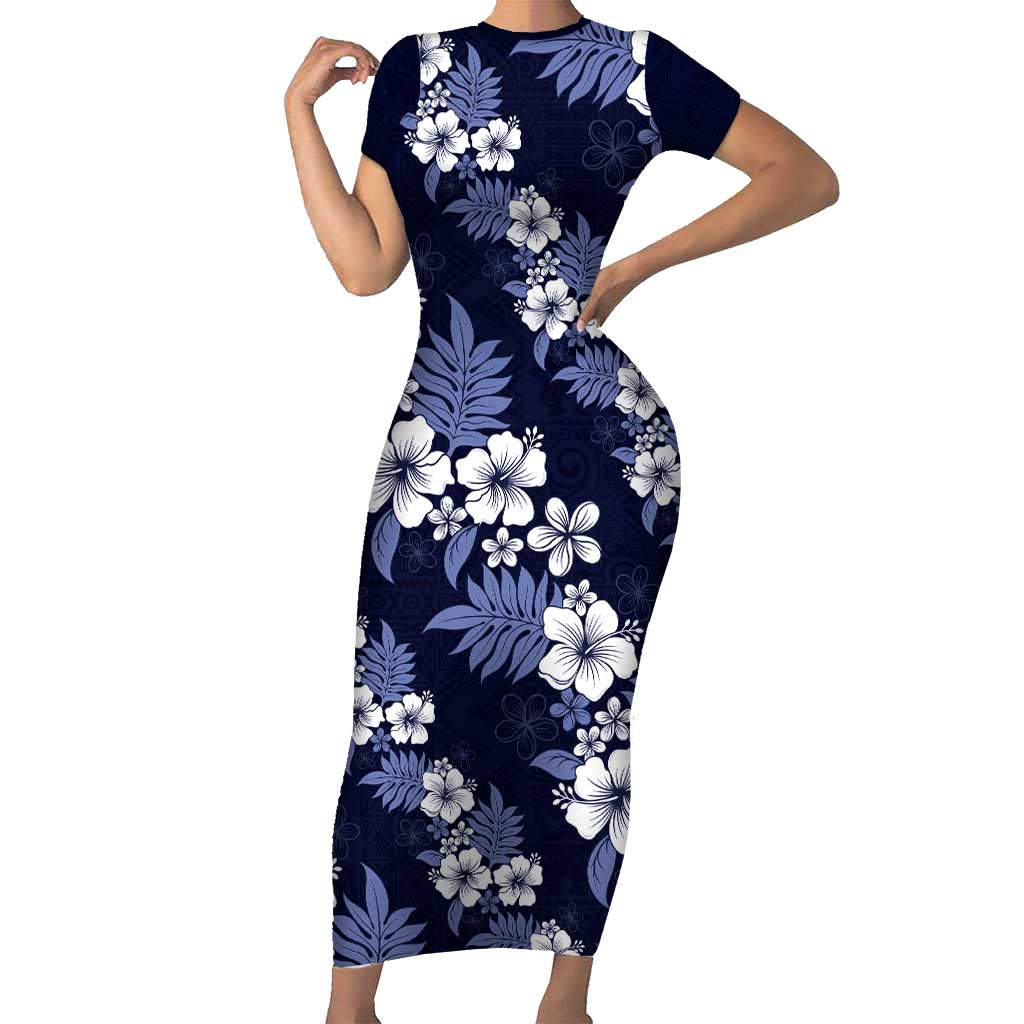 Hawaiian Hibiscus Tribal Floral Blue Family Matching Short Sleeve Bodycon Dress and Hawaiian Shirt Polynesian Tapa Pattern - Polynesian Pride