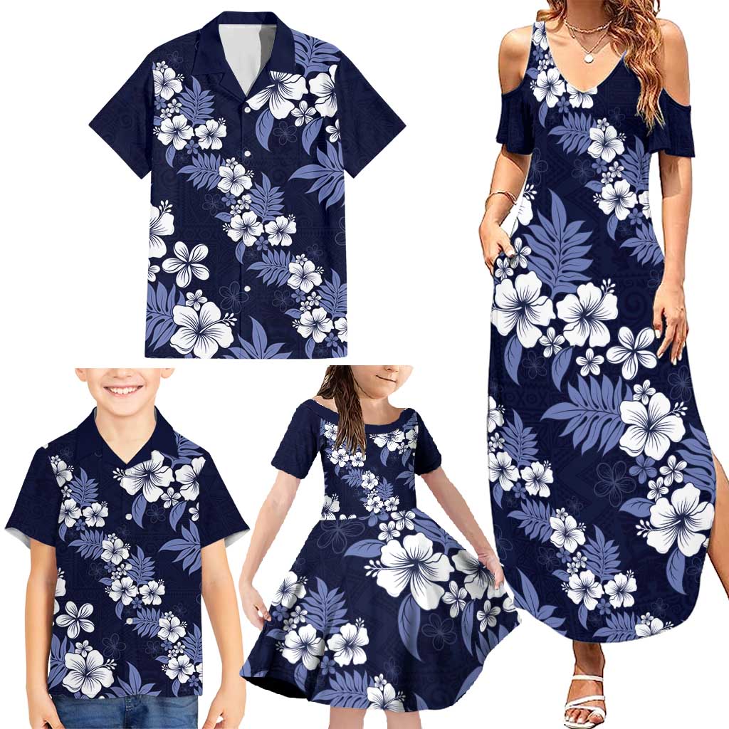 Hawaiian Hibiscus Tribal Floral Blue Family Matching Summer Maxi Dress and Hawaiian Shirt Polynesian Tapa Pattern - Polynesian Pride