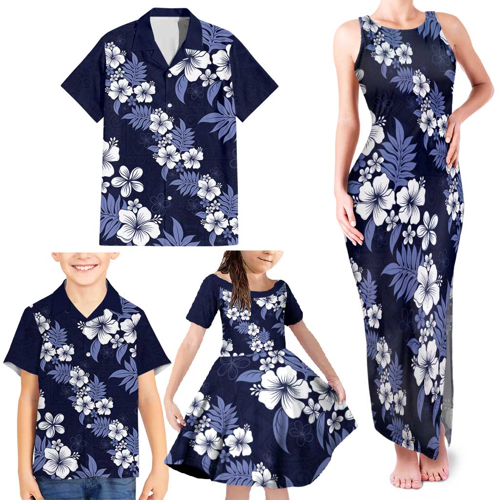 Hawaiian Hibiscus Tribal Floral Blue Family Matching Tank Maxi Dress and Hawaiian Shirt Polynesian Tapa Pattern - Polynesian Pride