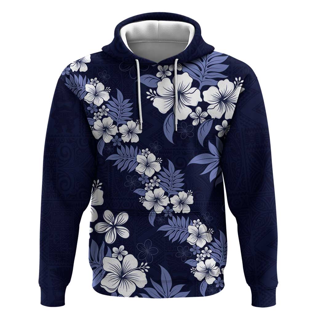 Hawaiian Hibiscus Tribal Floral Blue Hoodie Polynesian Tapa Pattern - Polynesian Pride