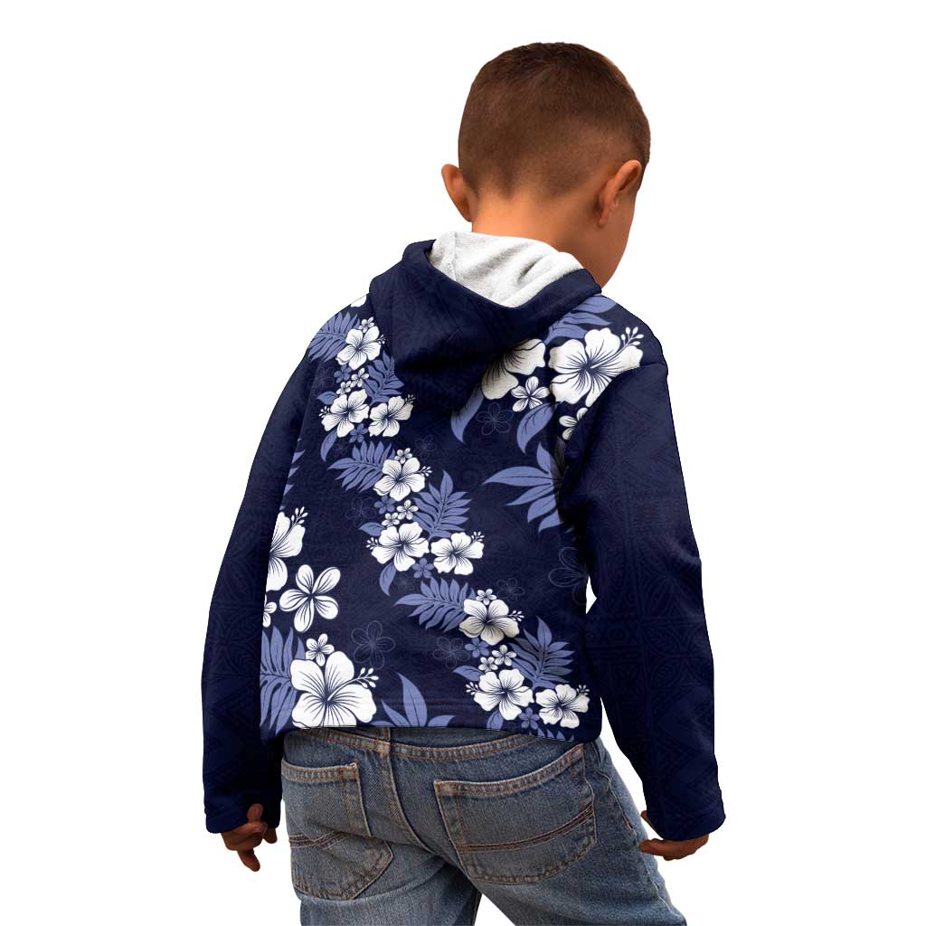 Hawaiian Hibiscus Tribal Floral Blue Kid Hoodie Polynesian Tapa Pattern - Polynesian Pride