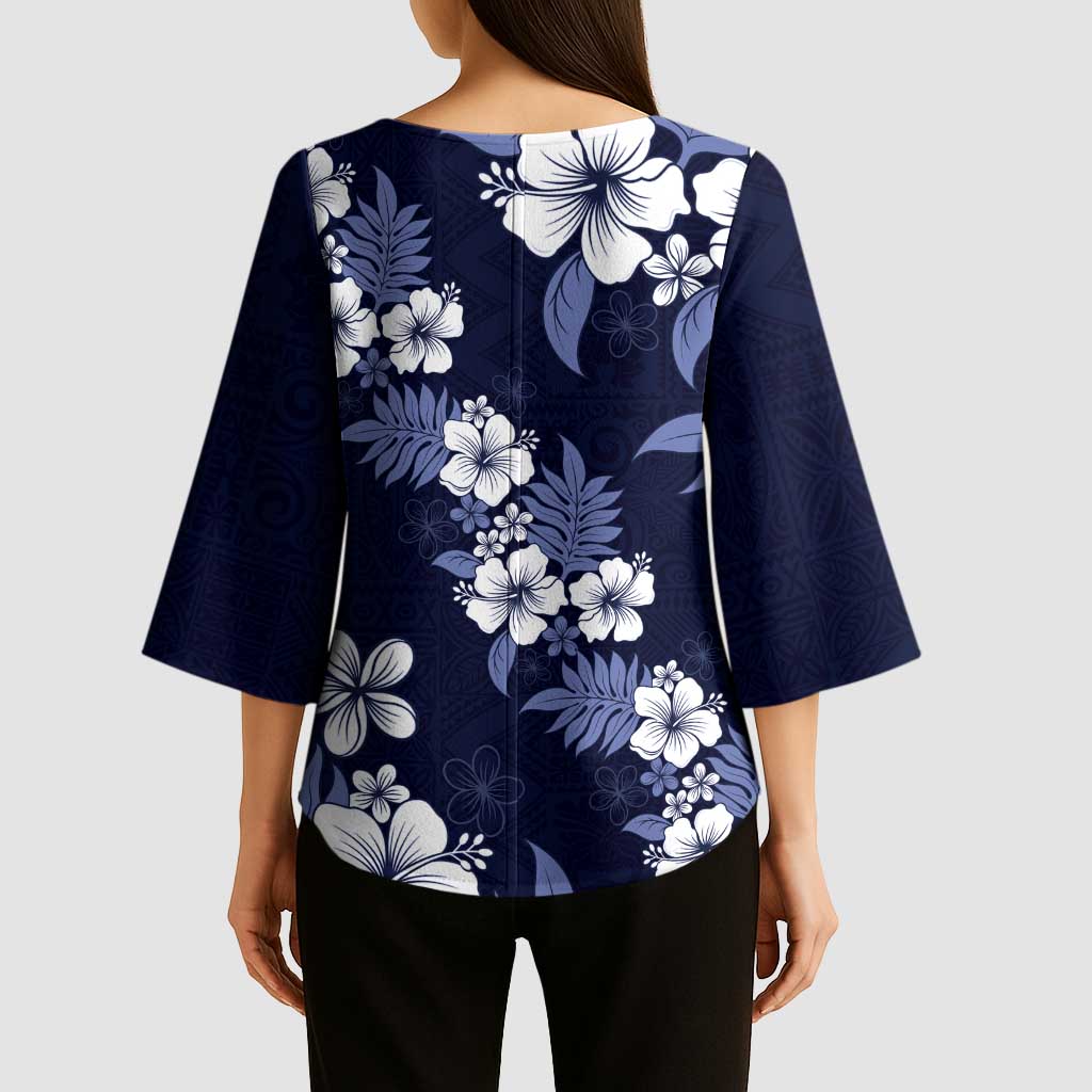 Hawaiian Hibiscus Tribal Floral Blue Kimono Sleeve Blouse Polynesian Tapa Pattern - Polynesian Pride