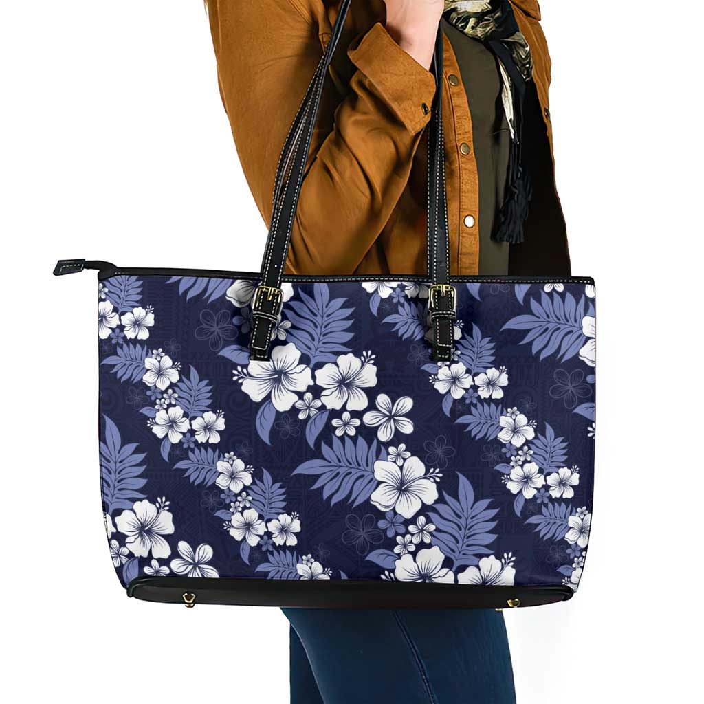 Hawaiian Hibiscus Tribal Floral Blue Leather Tote Bag Polynesian Tapa Pattern LT01 - Polynesian Pride