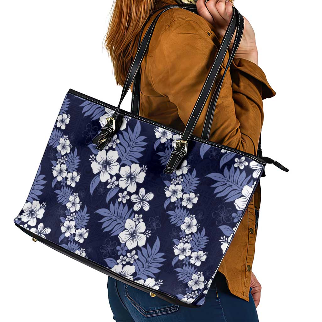 Hawaiian Hibiscus Tribal Floral Blue Leather Tote Bag Polynesian Tapa Pattern LT01 - Polynesian Pride