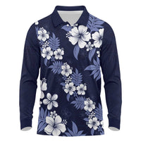 Hawaiian Hibiscus Tribal Floral Blue Long Sleeve Polo Shirt Polynesian Tapa Pattern LT01 Blue - Polynesian Pride