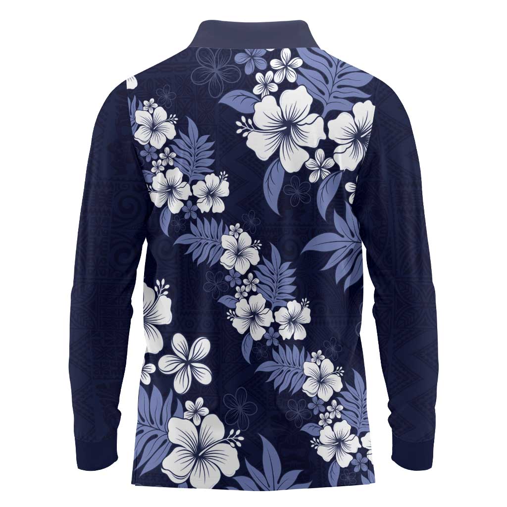 Hawaiian Hibiscus Tribal Floral Blue Long Sleeve Polo Shirt Polynesian Tapa Pattern LT01 - Polynesian Pride