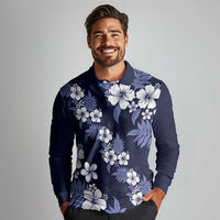 Hawaiian Hibiscus Tribal Floral Blue Long Sleeve Polo Shirt Polynesian Tapa Pattern LT01 - Polynesian Pride