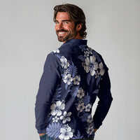Hawaiian Hibiscus Tribal Floral Blue Long Sleeve Polo Shirt Polynesian Tapa Pattern LT01 - Polynesian Pride