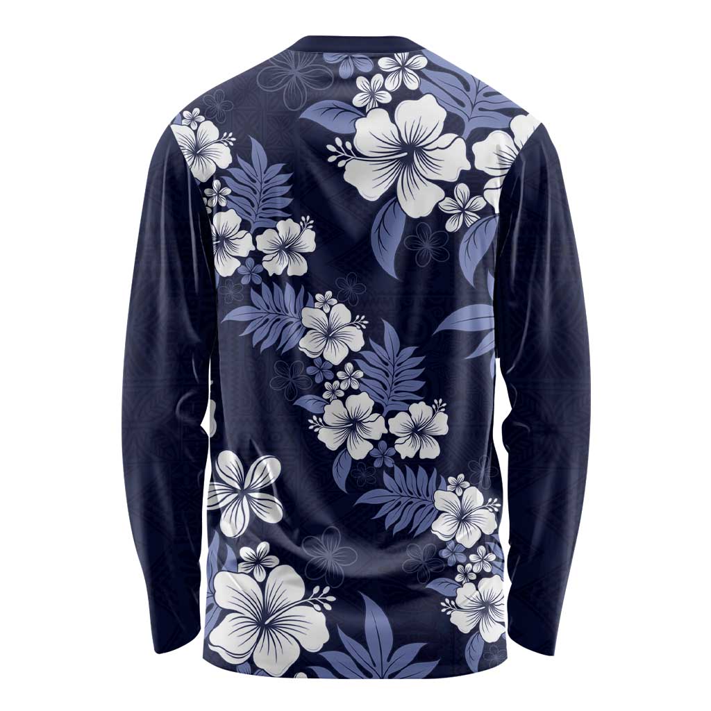 Hawaiian Hibiscus Tribal Floral Blue Long Sleeve Shirt Polynesian Tapa Pattern - Polynesian Pride