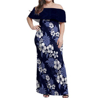 Hawaiian Hibiscus Tribal Floral Blue Off Shoulder Maxi Dress Polynesian Tapa Pattern - Polynesian Pride