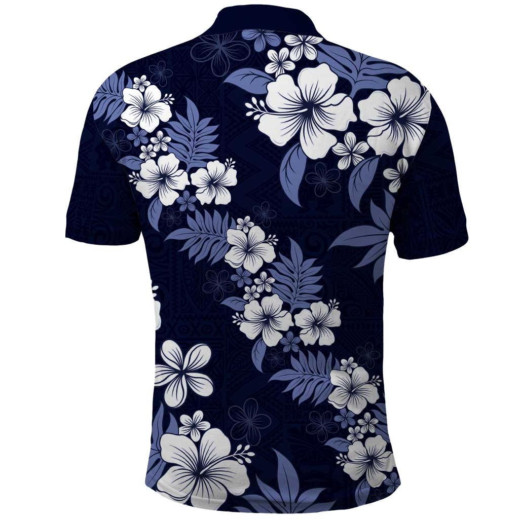 Hawaiian Hibiscus Tribal Floral Blue Polo Shirt Polynesian Tapa Pattern - Polynesian Pride