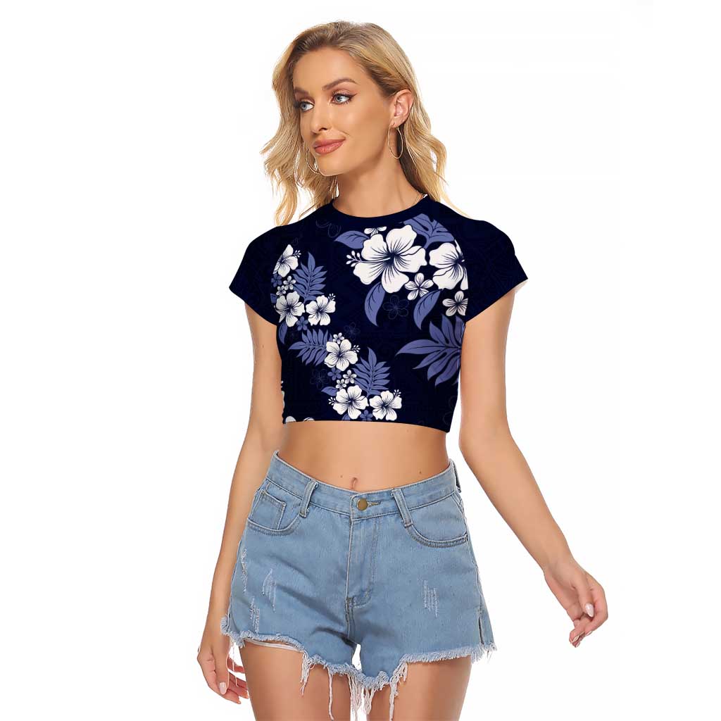 Hawaiian Hibiscus Tribal Floral Blue Raglan Cropped T Shirt Polynesian Tapa Pattern LT01 Female Blue - Polynesian Pride