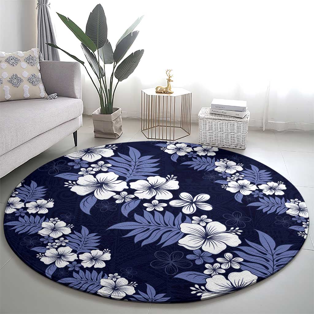 Hawaiian Hibiscus Tribal Floral Blue Round Carpet Polynesian Tapa Pattern - Polynesian Pride