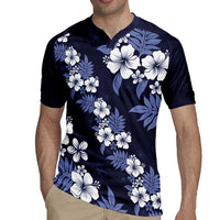 Hawaiian Hibiscus Tribal Floral Blue Rugby Jersey Polynesian Tapa Pattern - Polynesian Pride