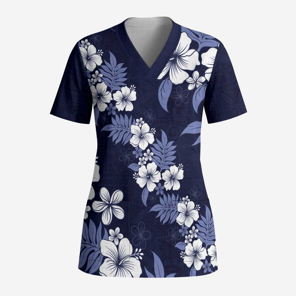 Hawaiian Hibiscus Tribal Floral Blue Scrub Top Polynesian Tapa Pattern LT01 Adult Blue - Polynesian Pride