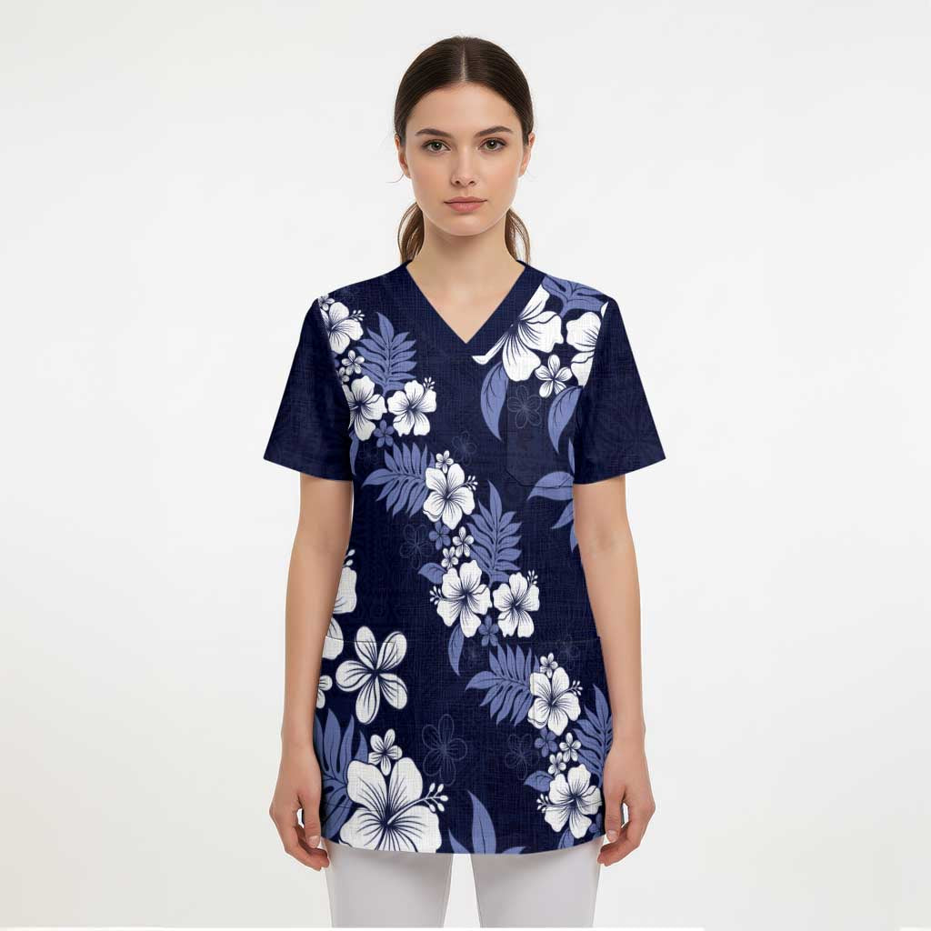 Hawaiian Hibiscus Tribal Floral Blue Scrub Top Polynesian Tapa Pattern - Polynesian Pride