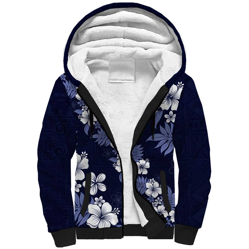Hawaiian Hibiscus Tribal Floral Blue Sherpa Hoodie Polynesian Tapa Pattern LT01 Unisex Blue - Polynesian Pride