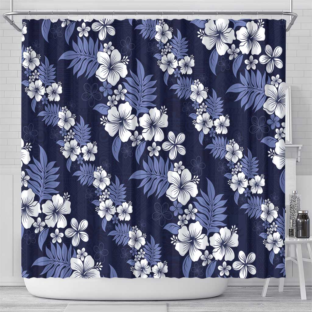 Hawaiian Hibiscus Tribal Floral Blue Shower Curtain Polynesian Tapa Pattern - Polynesian Pride