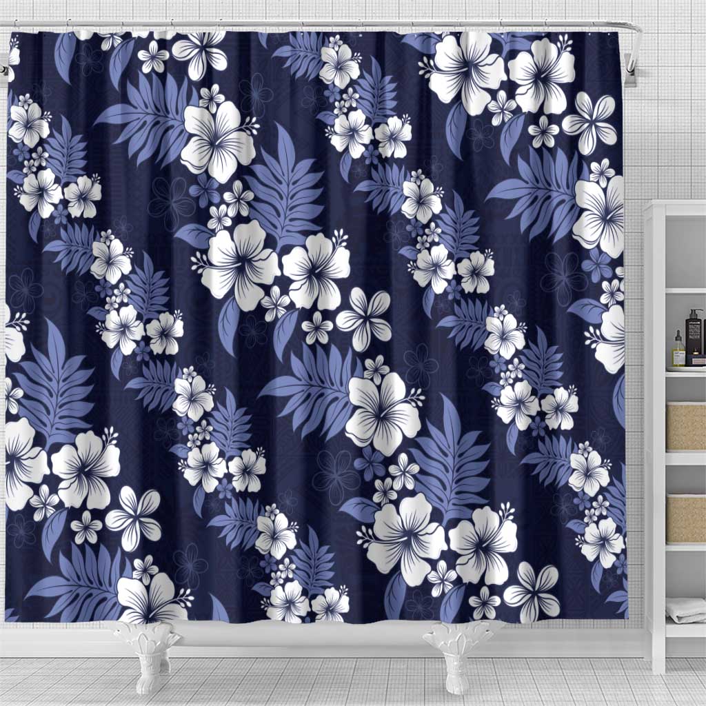 Hawaiian Hibiscus Tribal Floral Blue Shower Curtain Polynesian Tapa Pattern - Polynesian Pride