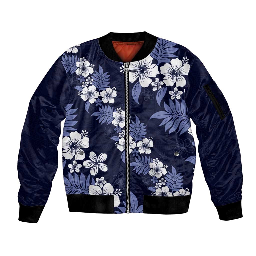 Hawaiian Hibiscus Tribal Floral Blue Sleeve Zip Bomber Jacket Polynesian Tapa Pattern LT01 Unisex Blue - Polynesian Pride