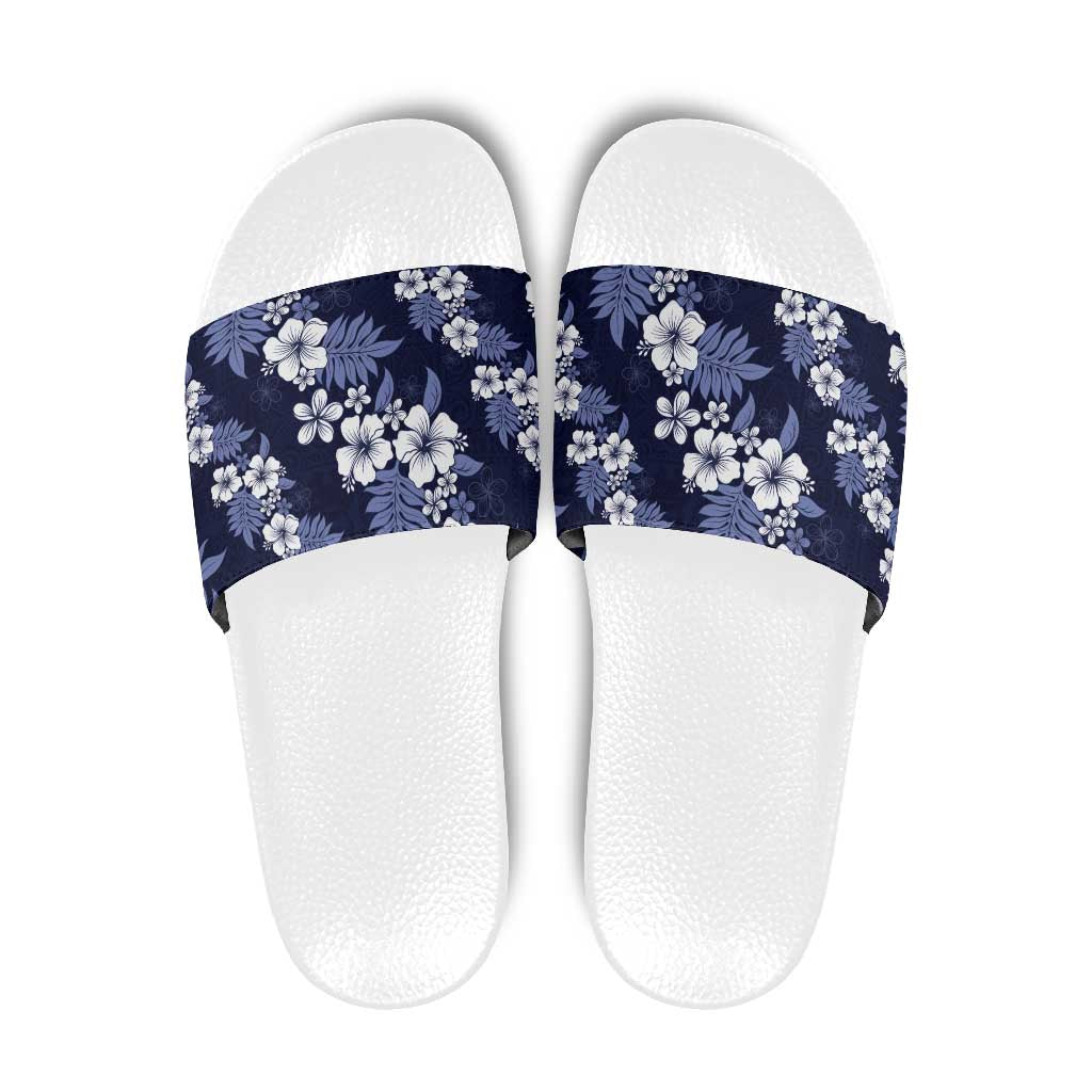 Hawaiian Hibiscus Tribal Floral Blue Slide Sandals Polynesian Tapa Pattern LT01 Blue - Polynesian Pride