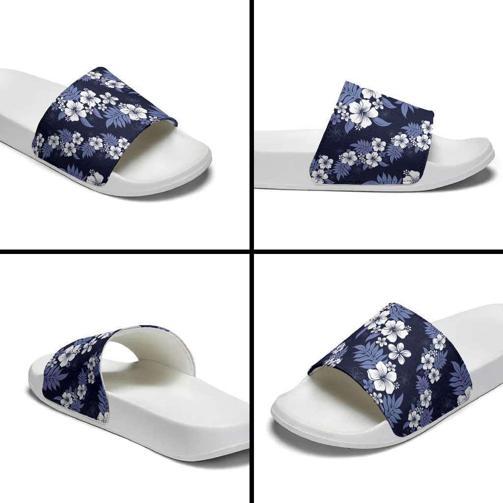 Hawaiian Hibiscus Tribal Floral Blue Slide Sandals Polynesian Tapa Pattern LT01 - Polynesian Pride