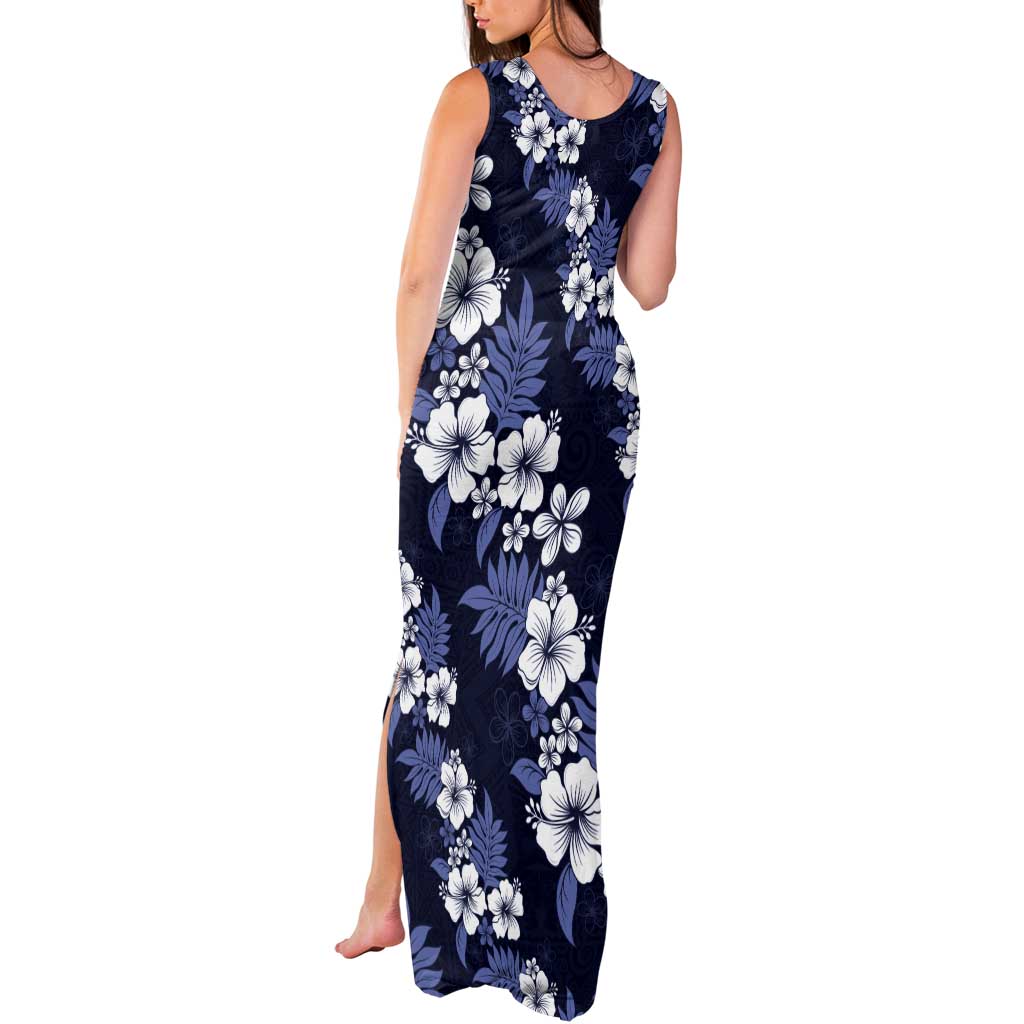 Hawaiian Hibiscus Tribal Floral Blue Tank Maxi Dress Polynesian Tapa Pattern - Polynesian Pride
