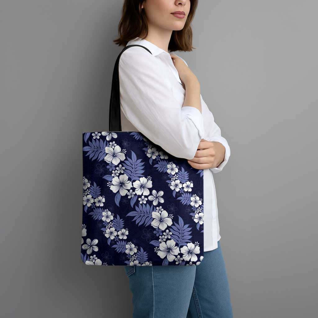 Hawaiian Hibiscus Tribal Floral Blue Tote Bag Polynesian Tapa Pattern - Polynesian Pride