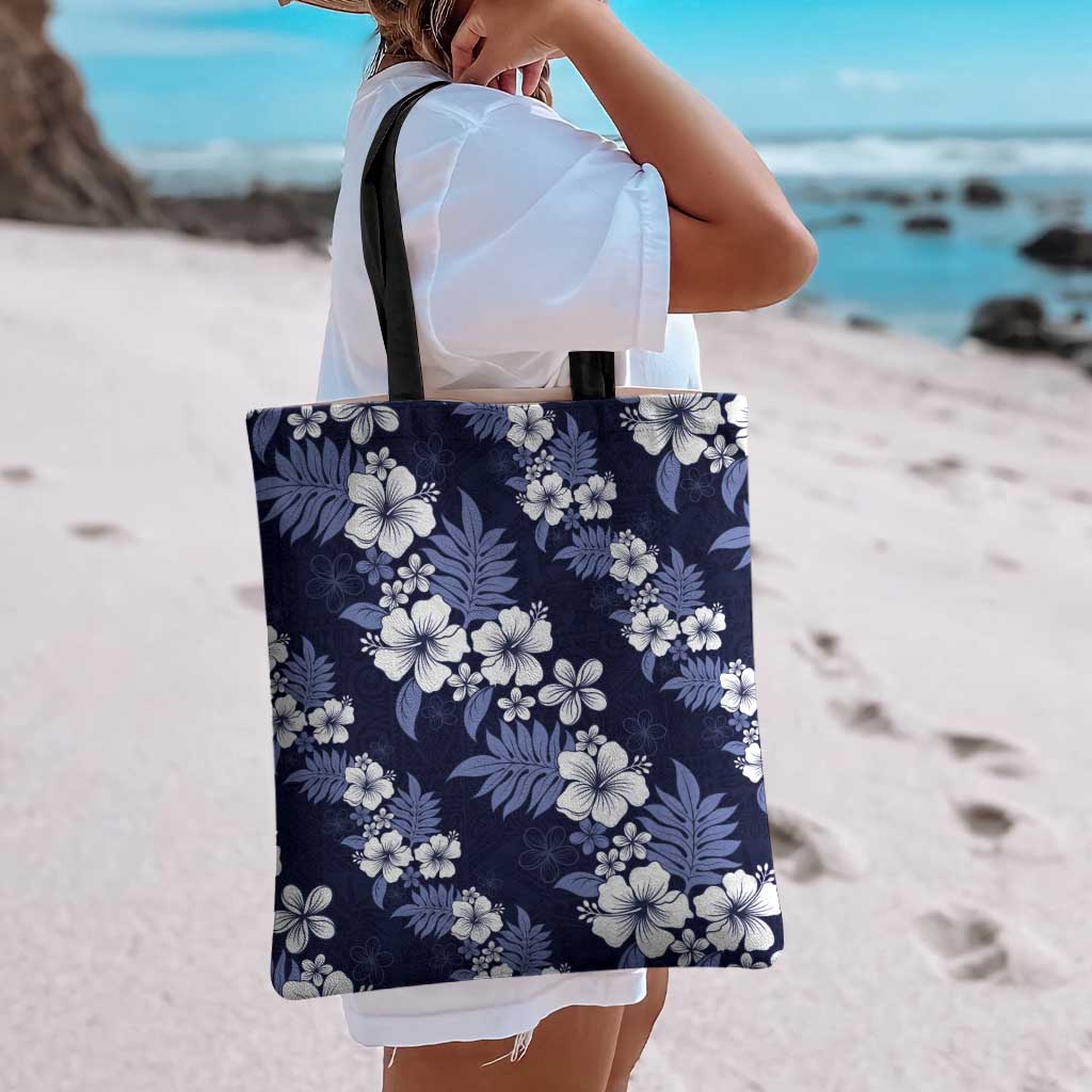 Hawaiian Hibiscus Tribal Floral Blue Tote Bag Polynesian Tapa Pattern - Polynesian Pride