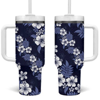 Hawaiian Hibiscus Tribal Floral Blue Tumbler With Handle Polynesian Tapa Pattern - Polynesian Pride