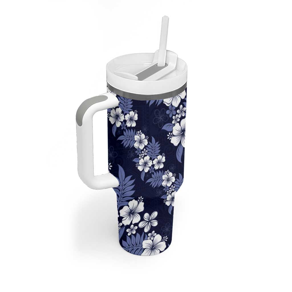 Hawaiian Hibiscus Tribal Floral Blue Tumbler With Handle Polynesian Tapa Pattern - Polynesian Pride