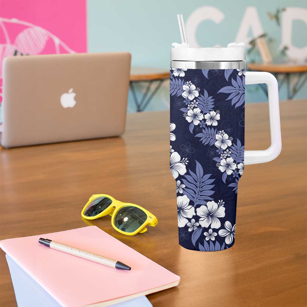Hawaiian Hibiscus Tribal Floral Blue Tumbler With Handle Polynesian Tapa Pattern - Polynesian Pride