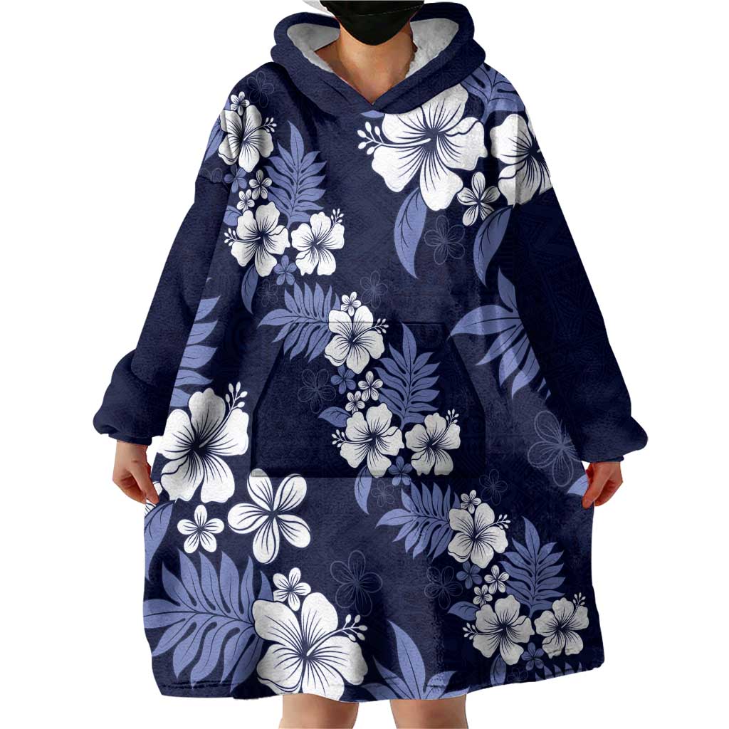 Hawaiian Hibiscus Tribal Floral Blue Wearable Blanket Hoodie Polynesian Tapa Pattern - Polynesian Pride