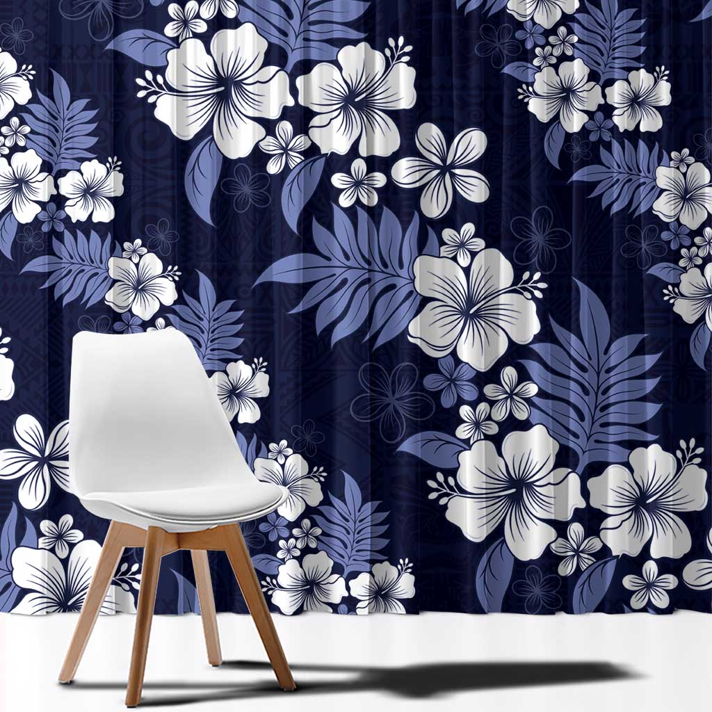Hawaiian Hibiscus Tribal Floral Blue Window Curtain Polynesian Tapa Pattern - Polynesian Pride