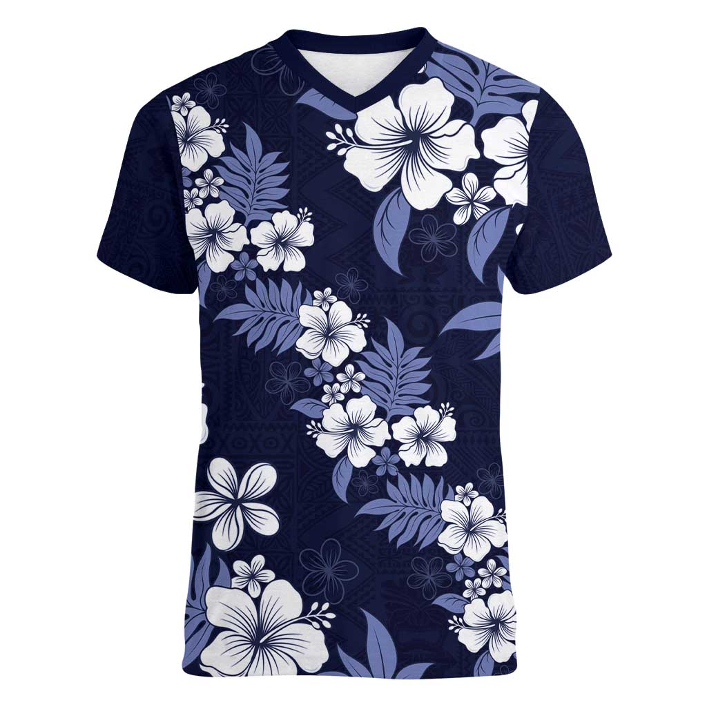 Hawaiian Hibiscus Tribal Floral Blue Women V-Neck T-Shirt Polynesian Tapa Pattern LT01 Female Blue - Polynesian Pride